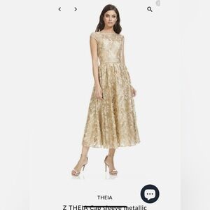 Theia Gold Metallic Guipure Floral Embroidered Dress Gown